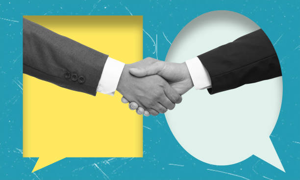istock Modern art collage depicting handshake on the background of message bubbles. 2180230607