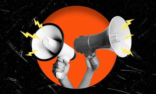 istock Contemporary art collage featuring hands with megaphones. 2180230610
