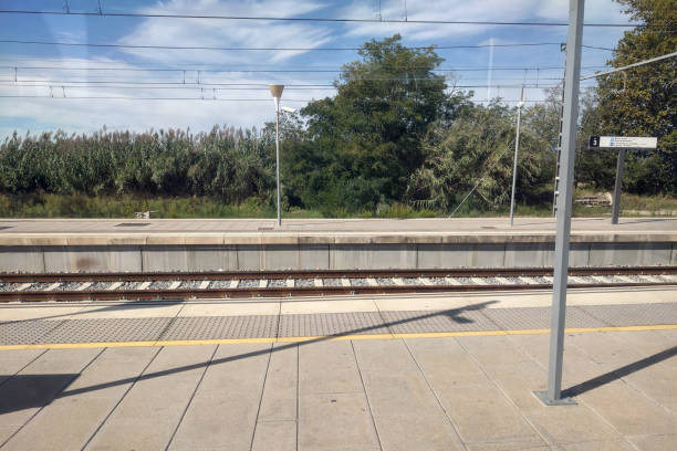 Tranquil railway platform with tracks under a clear blue sky, surrounded by lush greenery. ideal for themes of travel, exploration, and waiting. a sense of calm and anticipation in an outdoor setting.