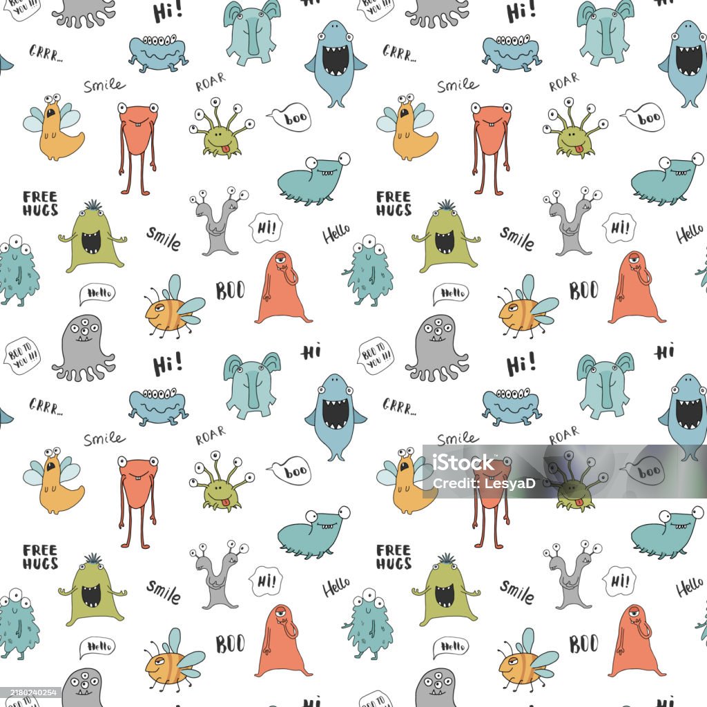Monster Background Vector Cute Monsters Seamless Pattern Cartoon Monsters Background Vector ...