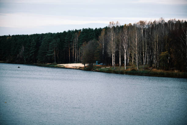 Rippled water surface of big lake in autumn dorest under cloudy sky