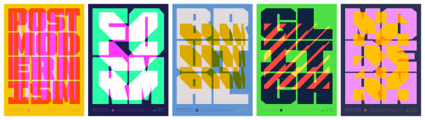 istock Lettering composition colorful trendy poster, abstract geometric acid graphic in Y2K aesthetics, vector simple shapes rave print artwork modernism and minimalistic brutal style A4 format set 2 2180242994