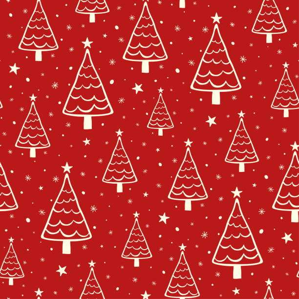 istock Small white elegant Christmas trees and snowflakes isolated on red background. Cute monochrome seamless pattern. Vector simple flat graphic hand drawn illustration. Texture. 2180243703