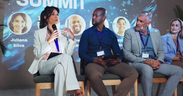 istock Stage, seminar and summit with business people and technology for networking, industry panel and keynote speaker. Hackathon, conference and ai ethics with speech for audience, event showcase and news 2180244049