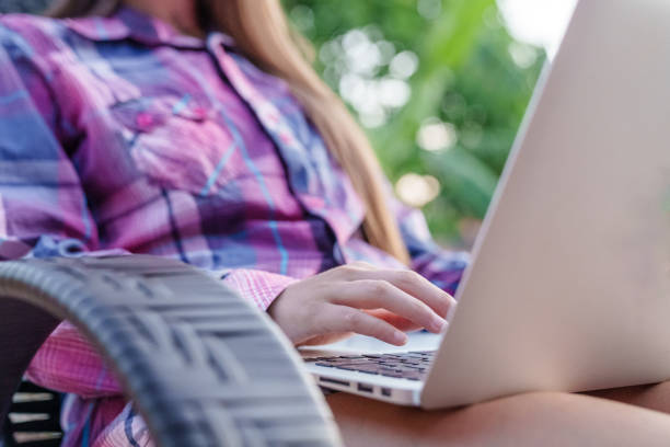 istock Female student using laptop in the park. 2180246493