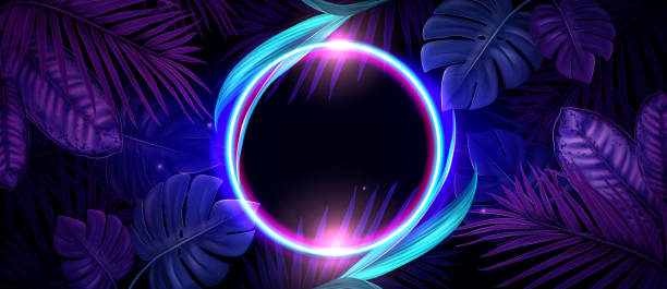 istock Party banner with tropic leaves and neon circle 2180252092