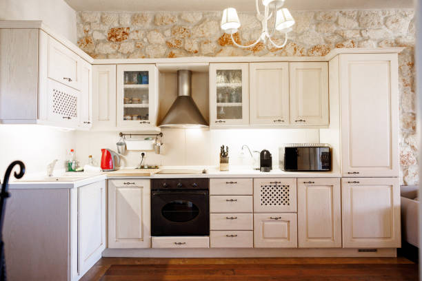 Beautiful white wooden kitchen without people