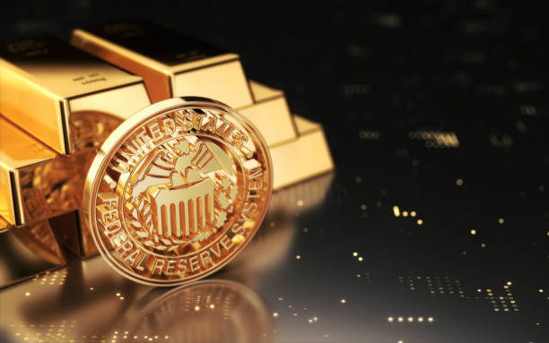 istock Gold Bars and Metal Shiny Federal Reserve System Symbol (FED) on Big Data Data Background 2180277258