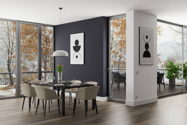 istock Modern Luxury Dining Room Interior with large windows. Autumn scene. 2180285871