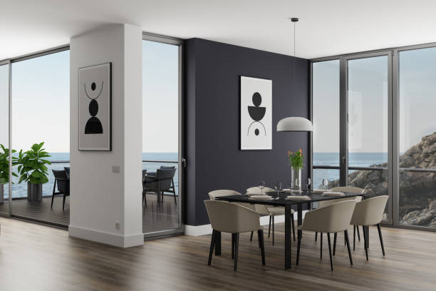 istock Modern Luxury Dining Room Interior with large windows. Sea side scene. 2180285879