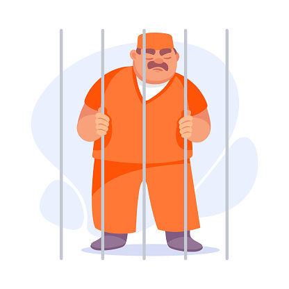 Man Criminal Stand In Orange Uniform In Jail Commit Crime And Theft Man Criminal Stand In Orange Uniform In Jail Commit Crime And Theft