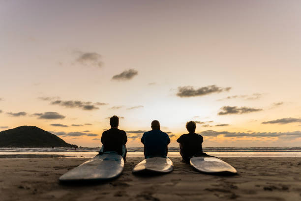 istock Surfer friends looking at view on the beach 2180288022