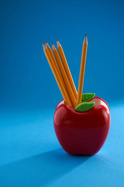 apple shaped pencil holder with pencils against blue background