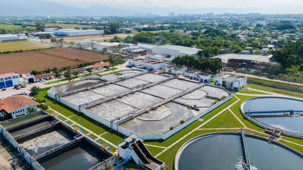 Aerial View of Sewage Treatment Plant, Water Recycling, Waste Management. Mexico stock photo