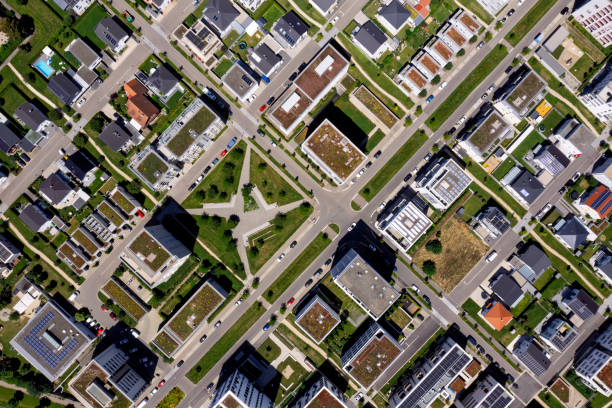 Houses and residential buildings in a new residential district, top down view.