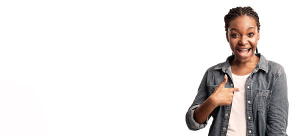 istock Excited African Lady Pointing Finger At Herself, Studio Shot 2180300164