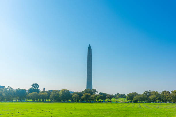 USA, Washington DC  Washington Monument tower and Capitol building.