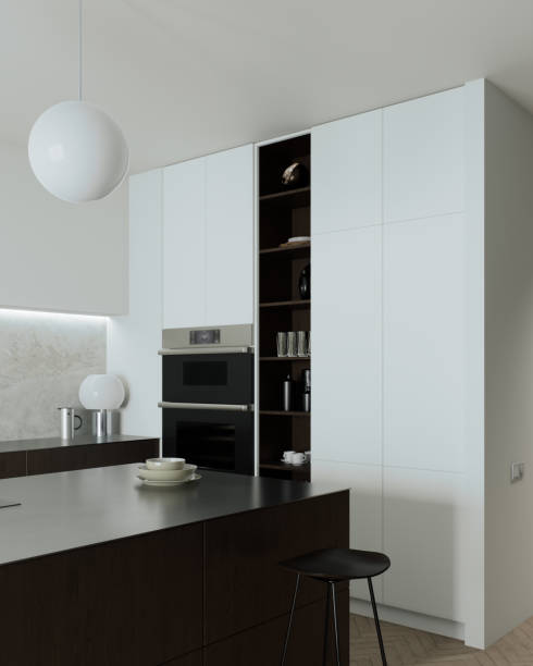 istock Modern minimalist kitchen design with sleek cabinets and a central island 2180303276