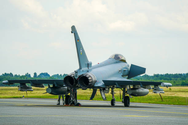 Lincolnshire, UK - July 7, 2014: German Air Force Eurofighter EF-2000 Typhoon fighter jet aircraft taxiing at Waddington.