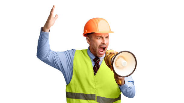 istock Angry Housebuilder Shouting In Megaphone Standing Over White Background, Panorama 2180306485