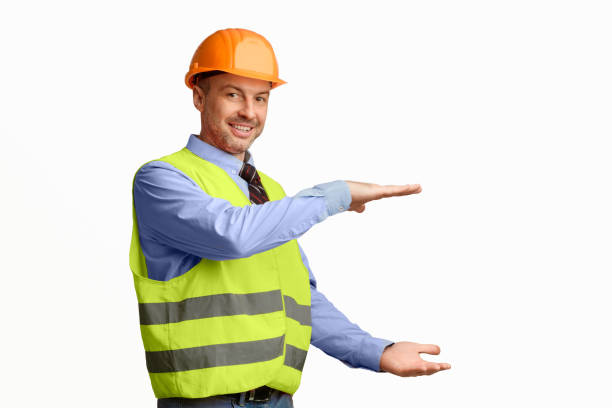 istock Cheerful Worker Holding Invisible Building Gesturing With Hands, White Background 2180306488