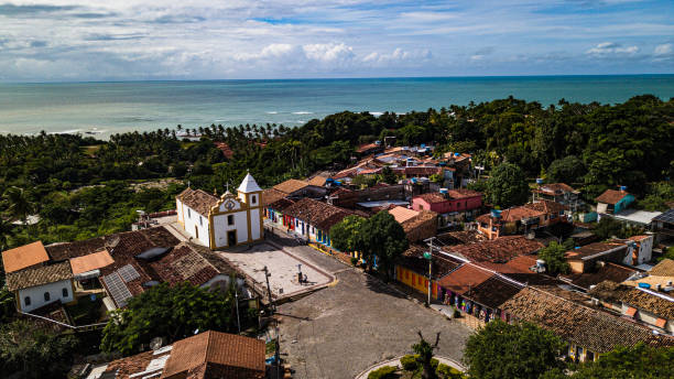 Drone photograph of central square church at Arraial d'Ajuda, Bahia, Brazil.