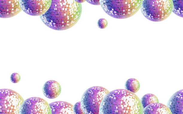 Seamless border from retro disco ball in the style of 80s and 90s as a disco symbol.Volumetric 3 d ball.Watercolor illustration isolated on white for websites, posters, theme party cards Seamless border from retro disco ball in the style of 80s and 90s as a disco symbol.Volumetric 3 d ball.Watercolor illustration isolated on white for websites, posters, theme party cards. High quality illustration 70s theme stock illustrations