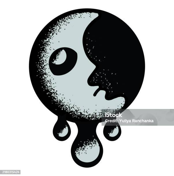 Sad Moon Icon Ancient Crescent Symbol With Sad Serious Face Old Style Graphic Image ...