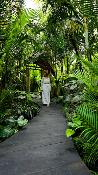 istock Woman Walking Through a Lush Path Surrounded by Dense Greenery and Tropical Plants in Bali, Indonesia, Perfect for Illustrating Exotic Travel Destinations Wellness, Mindfulness, Environmental Conservation, Relaxation, and Adventure 2180320878
