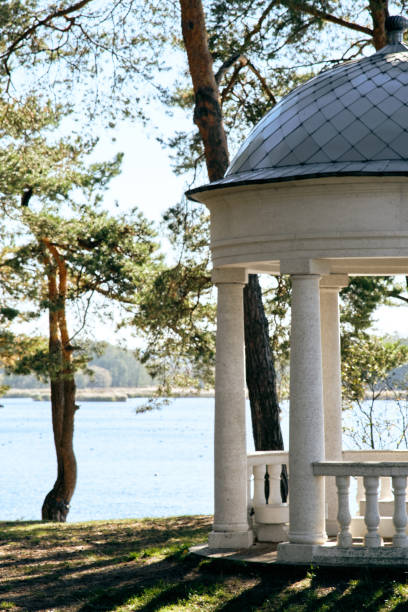 Serene park scene with a classical white gazebo, surrounded by pine trees and a tranquil lake. Perfect for relaxation, nature, and travel themes