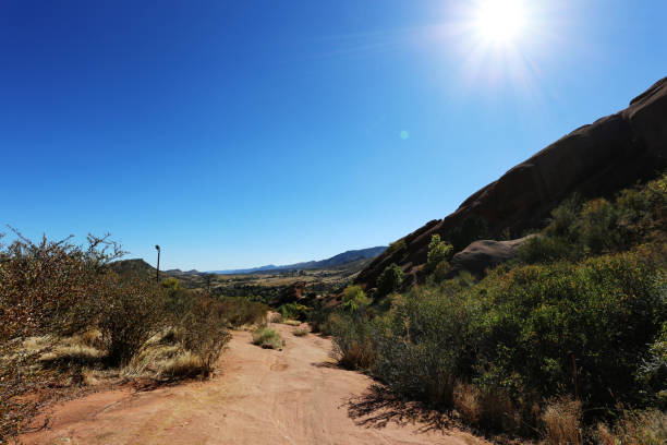 A sunlit path meanders through a vibrant landscape, flanked by lush vegetation and imposing red rock formations, leading to distant mountains under a clear blue sky.