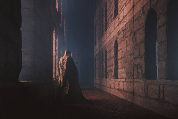 Wizard standing in fantasy castle at night Wizard standing in fantasy castle at night. 3D generated image. Made up and generic castle architecture. fantasy ancient priest stock pictures, royalty-free photos & images