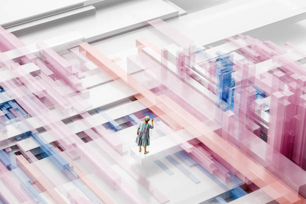 Senior woman gesturing in geometric VR environment - 3D generated image.