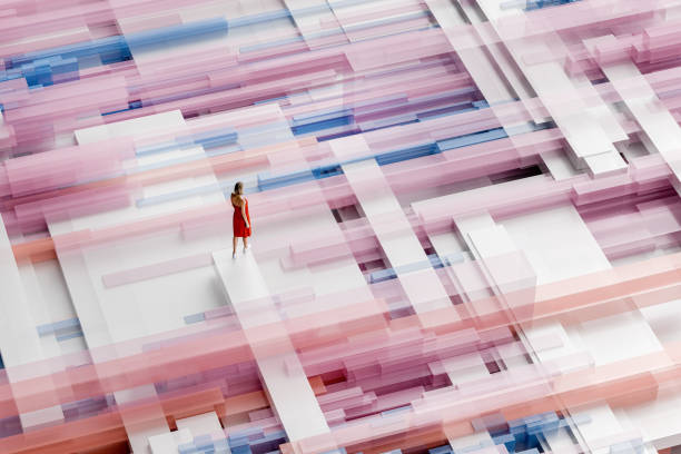 Woman walking in geometric VR environment - 3D generated image.