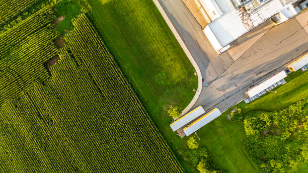 Cornfields border industrial complex. Farm area contrast with shopping mall in rural Pennsylvania