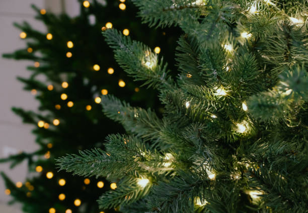 istock christmas tree with festive lights on bokeh holiday background 2180361736