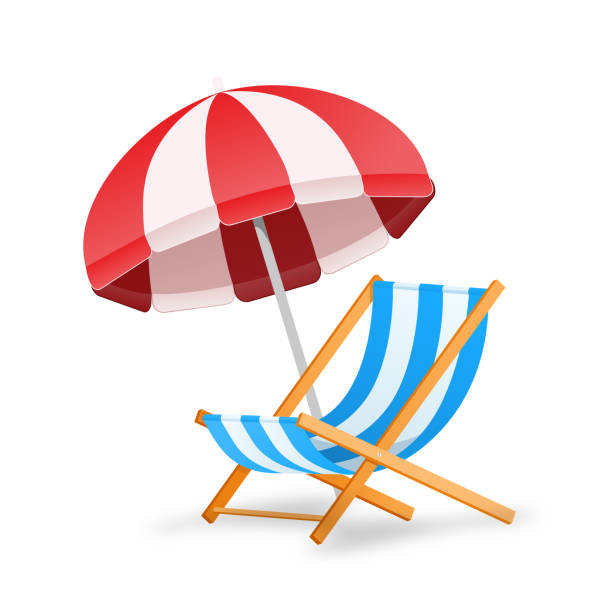 Red and white beach umbrella casting shadow on blue striped deck chair Striped red and white beach umbrella casting shadow on blue striped deck chair red beach chairs stock illustrations
