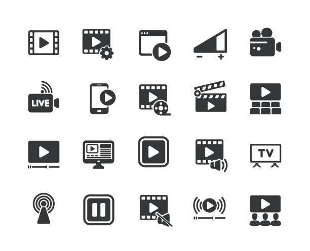 ilustrações de stock, clip art, desenhos animados e ícones de video glyph solid icons. containing cinema, video player, live streaming, web video solid icons collection. vector illustration. for website design, logo, app, template, ui, etc. - videogravador
