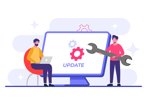 Desktop Computer With Software Update Screen Flat Vector Illustration ...