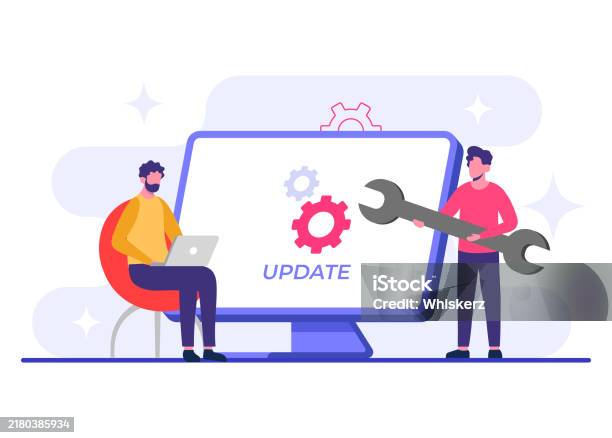 Desktop Computer With Software Update Screen Flat Vector Illustration ...