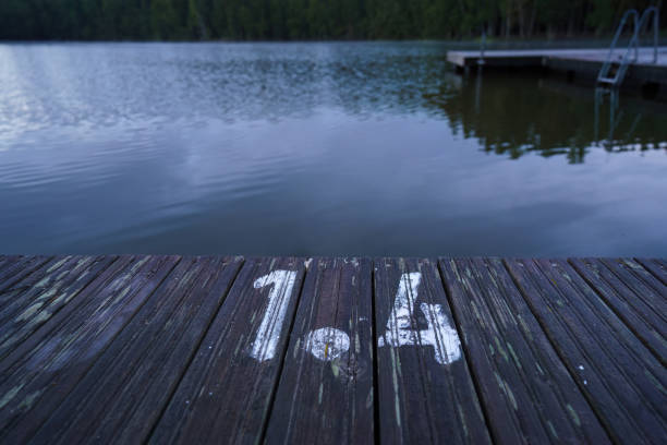 A wooden railing overlooks a calm lake surrounded by lush green trees. The water reflects the greenery, creating a serene natural scene