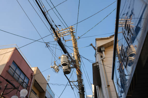 Electrical telephone wires against a clear blue sky.