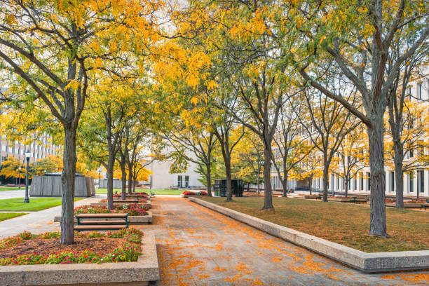 Park at the Capital Complex government buildings in Lansing, Michigan, USA.