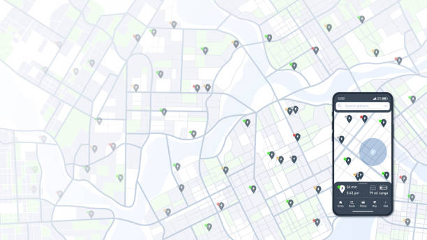 Smartphone displays city map with nearby charging stations, showcasing mobile app designed for flexible online charging solutions. App allows to choose optimal routes for driving. Vector illustration Smartphone displays city map with nearby charging stations, showcasing mobile app designed for flexible online charging solutions. App allows to choose optimal routes for driving. Vector illustration. phone charging station icon stock illustrations
