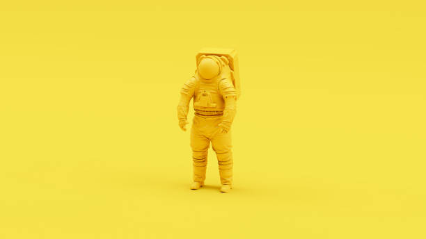 istock Yellow astronaut space suit helmet visor retro science vivid sci fi outer space protection yellow background 2180424796