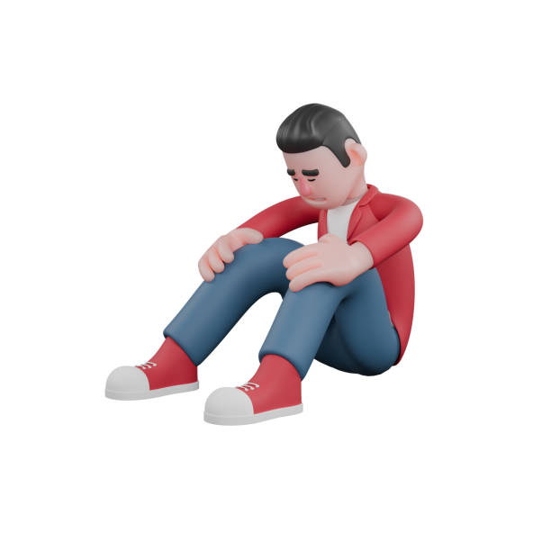 istock 3D Male Singer Character. A male singer is sitting on the floor with his face down while both hands are on his knees. Cartoon Music Artist 2180425776
