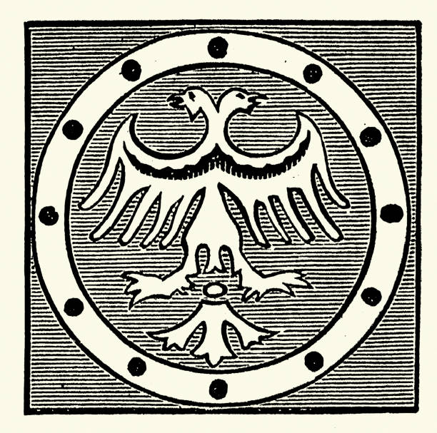 Medieval title design, Double headed Eagle, Vintage illustration 19th Century Victorian