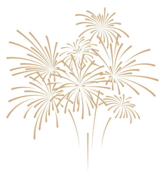 Fireworks display gold vector illustration isolated Gold fireworks display on isolated background. Fireworks vector symbol for New Year celebration illustration, banner, card, invitation, flier, poster firework explosive material stock illustrations