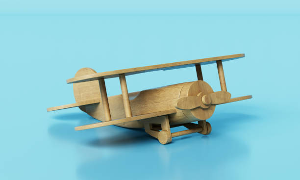 Wood Airplane Toy on Blue Background. 3D Rendering
