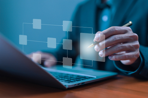 Diagram Or Algorithm Flowchart To Design Automated Workflow Stock Photo ...